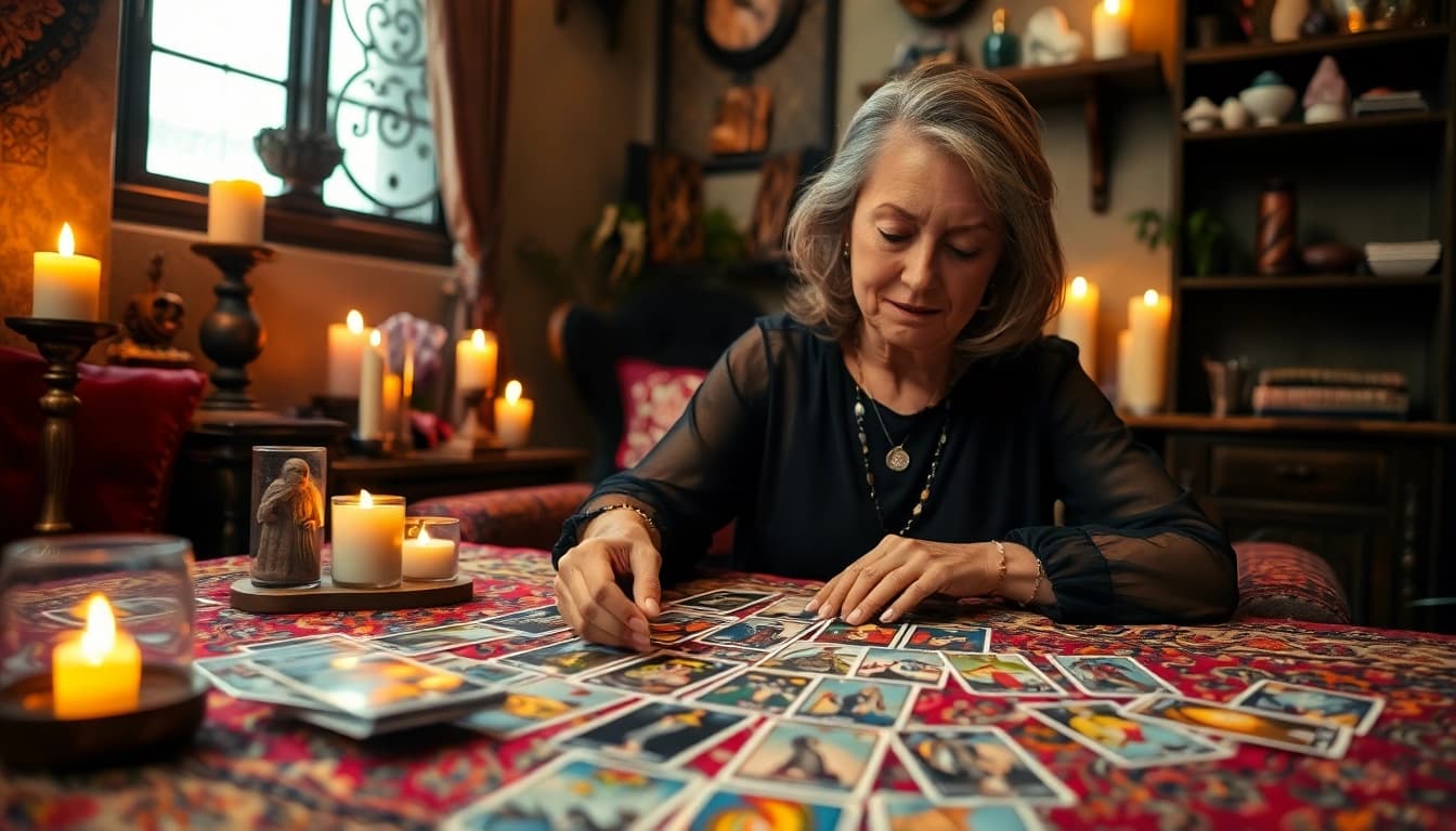 Erfahrene Tarotkartenleserin erklärt die tarotkarten bedeutung in einer gemütlichen Umgebung.