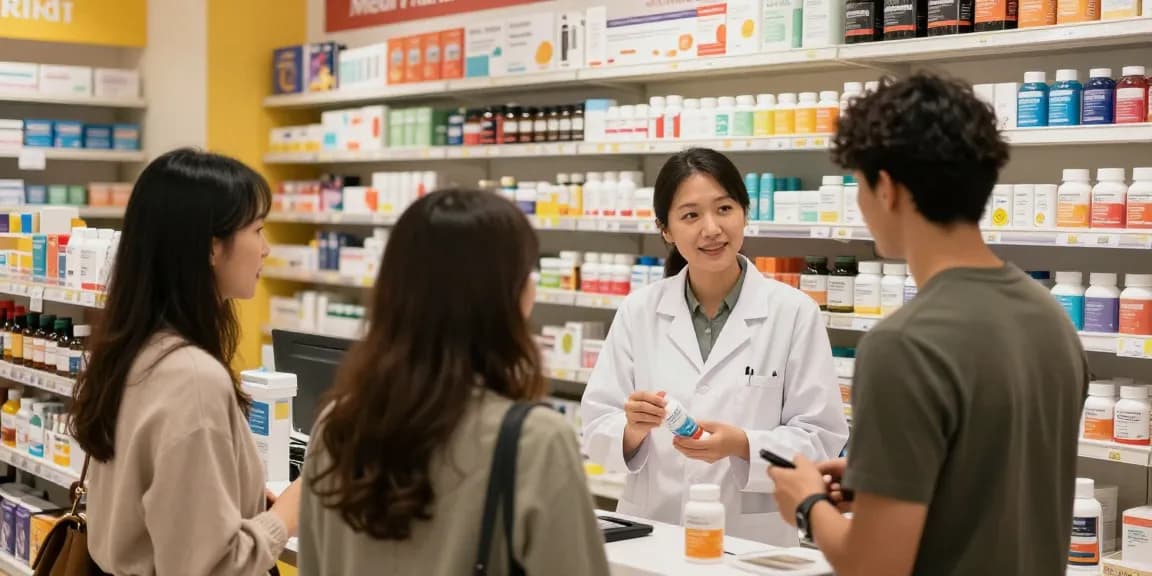 Medi Pharma Shop Apotheker, der Kunden mit Gesundheitsprodukten in einer lebhaften Einzelhandelsumgebung unterstützt.