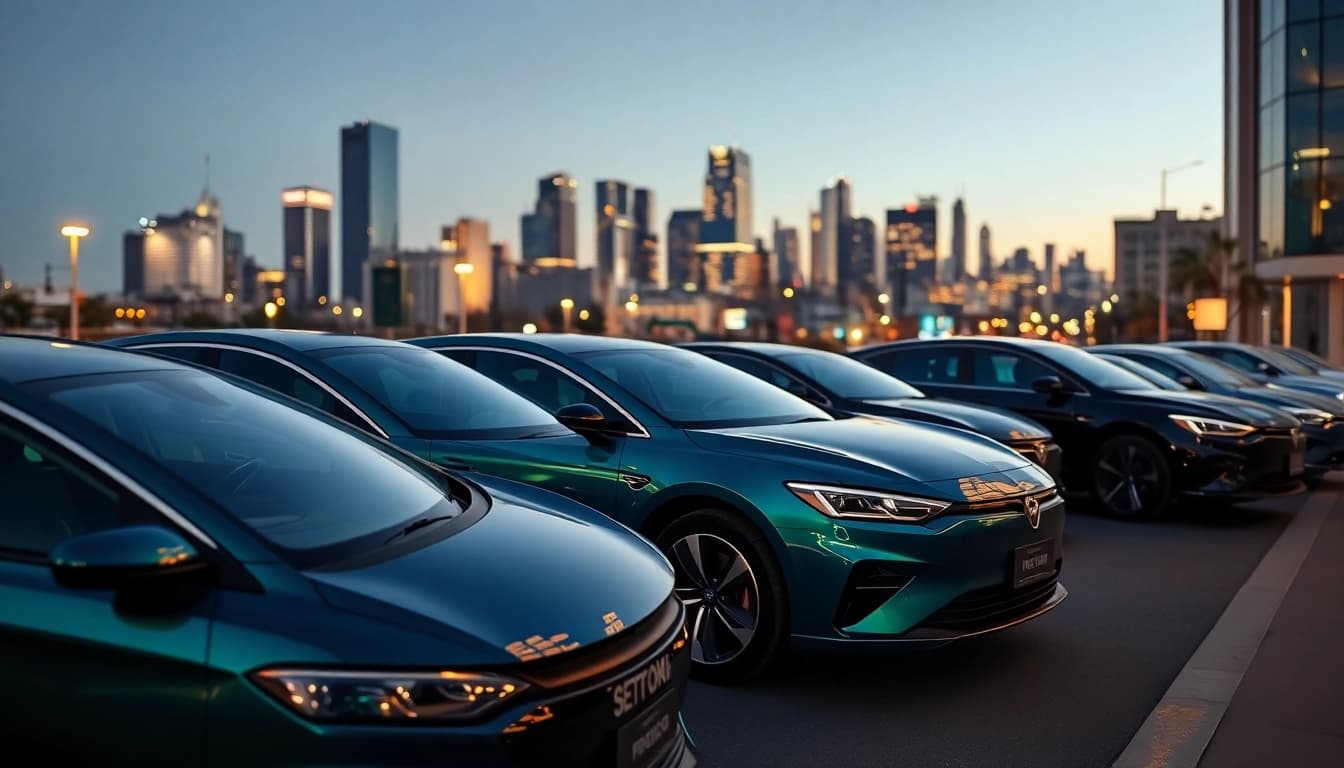 Elektroautos in urban cityscape, showcasing sleek designs and modern technology.