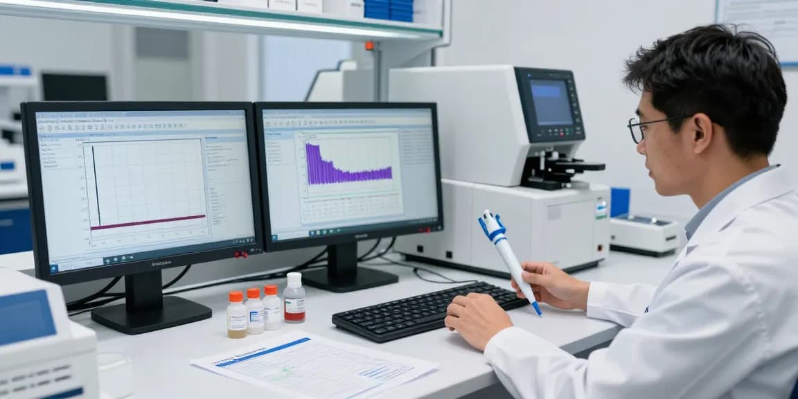 Aegean Labs peptide testing process with an analyst examining HPLC results in a bright, modern laboratory.