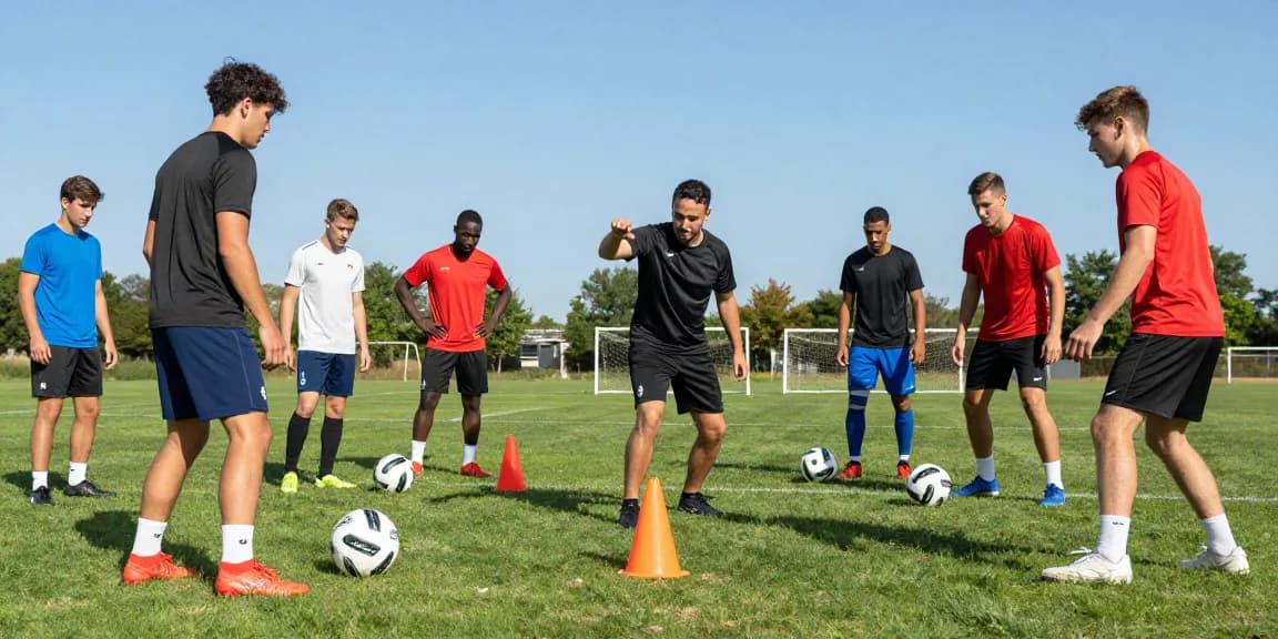 Hochwertige Fußbälle kaufen und im Team trainieren, Spieler auf dem Feld.
