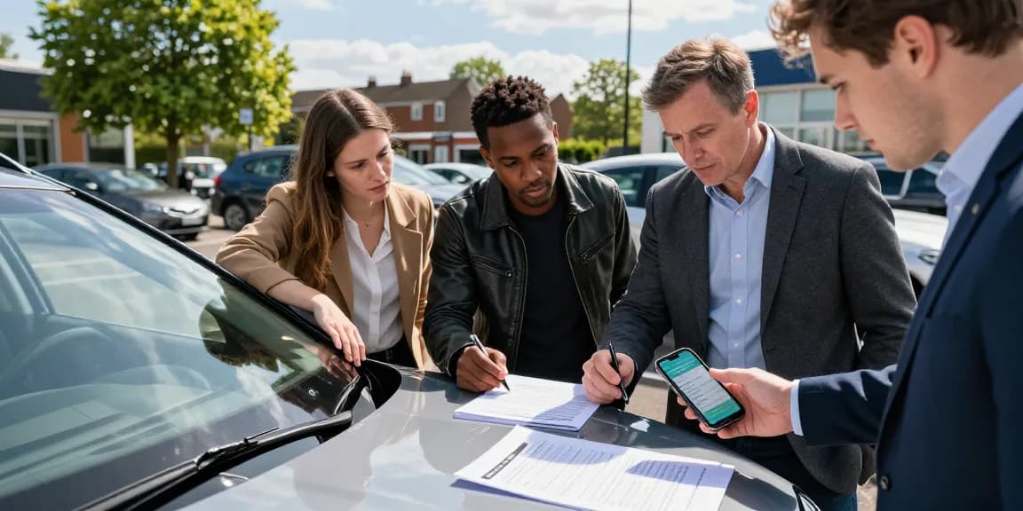 Group of car buyers using a car history check UK for informed decisions, examining vehicle details.