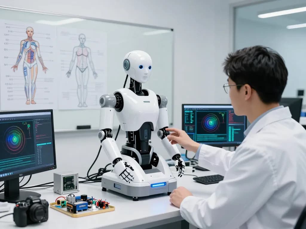 Engineer testing a cutting-edge sex bot prototype in a modern robotics lab