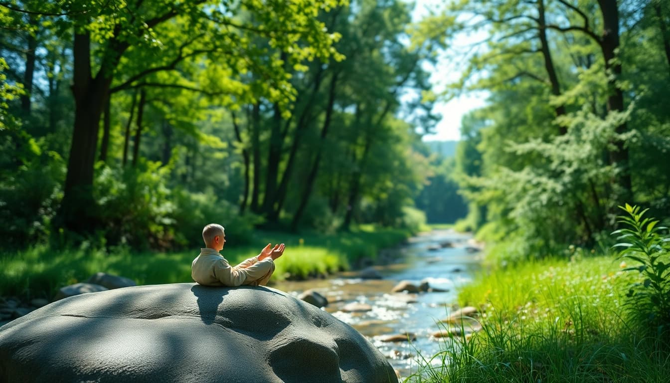 Promoting emotional wellbeing through serene meditation in a tranquil forest environment.
