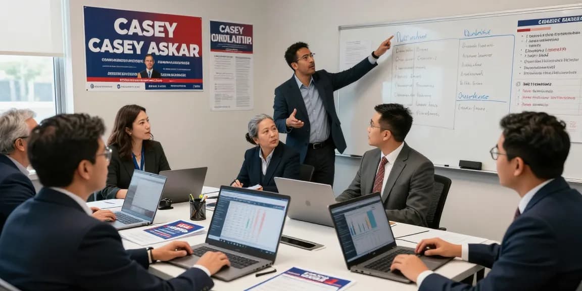 Casey Askar's campaign team strategizing with laptops and voter data in a professional office.