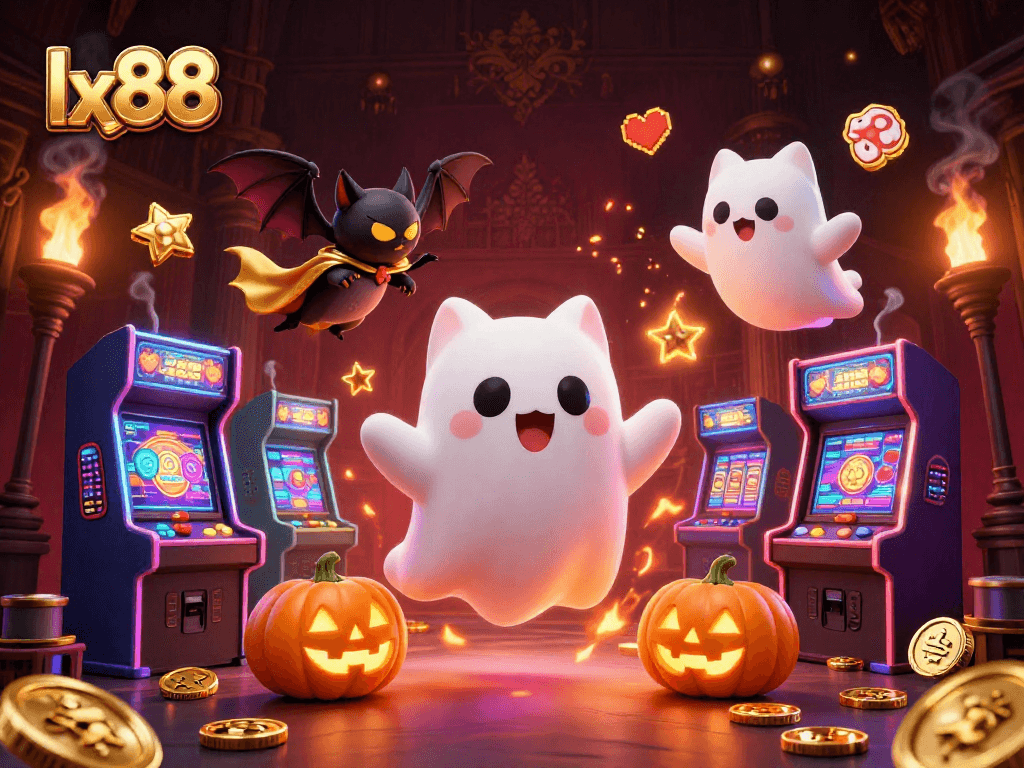 Experience the thrilling adventures at lx88 casino with a friendly ghost cat and vibrant gaming elements.