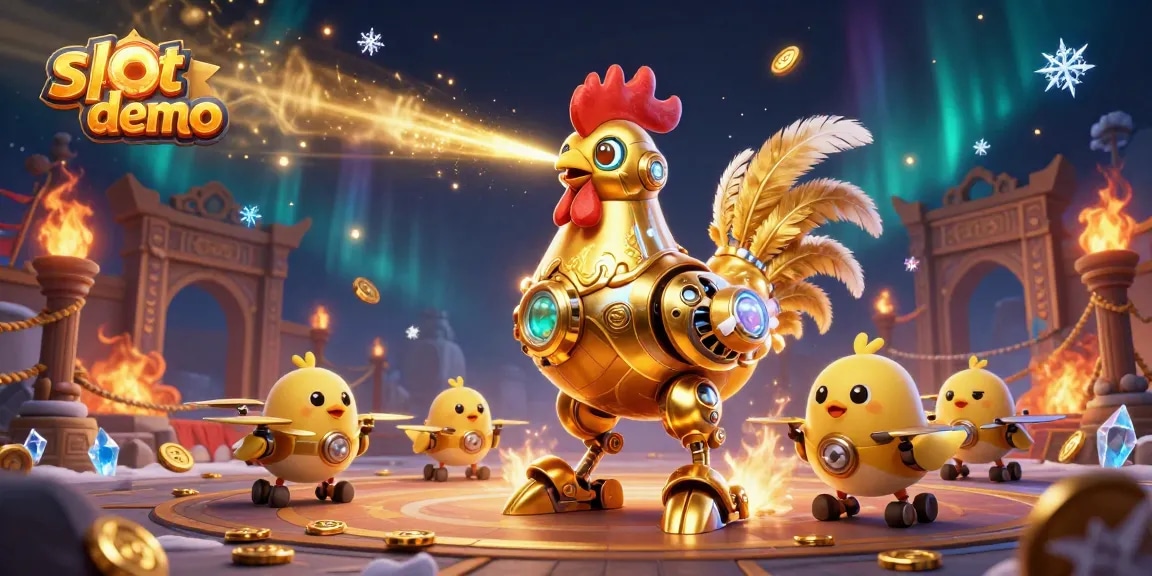 Slot demo menghadirkan ilustrasi kasino futuristik dengan ayam robot dan drone, menghadirkan suasana permainan yang meriah.