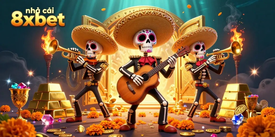 Engage with nhà cái 8xbet through a vibrant 3D illustration of festive mariachi skeletons and golden treasures.