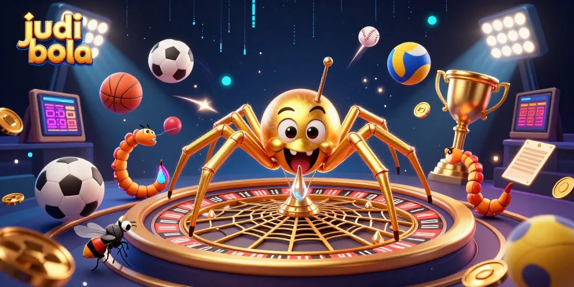 Experience judi bola excitement as a fly places bets nervously at a roulette web spun by a golden spider.