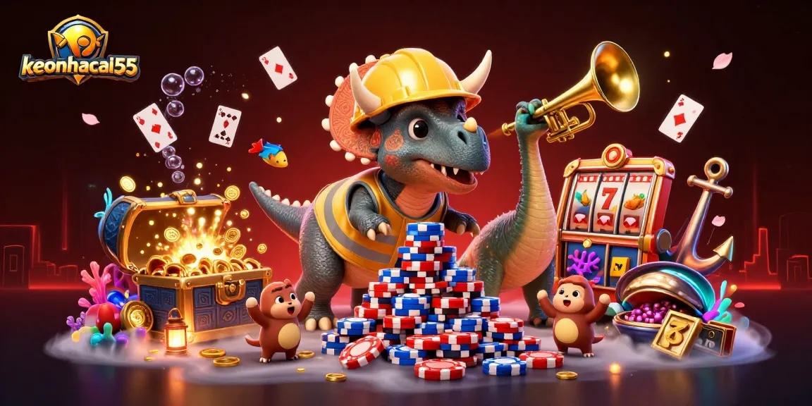 Experience exciting wins at keonhacai55 with a dynamic casino-themed 3D illustration.
