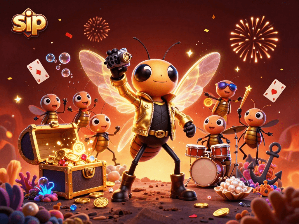 Engage with sip in this vibrant 3D casino scene featuring a cicada rock star.