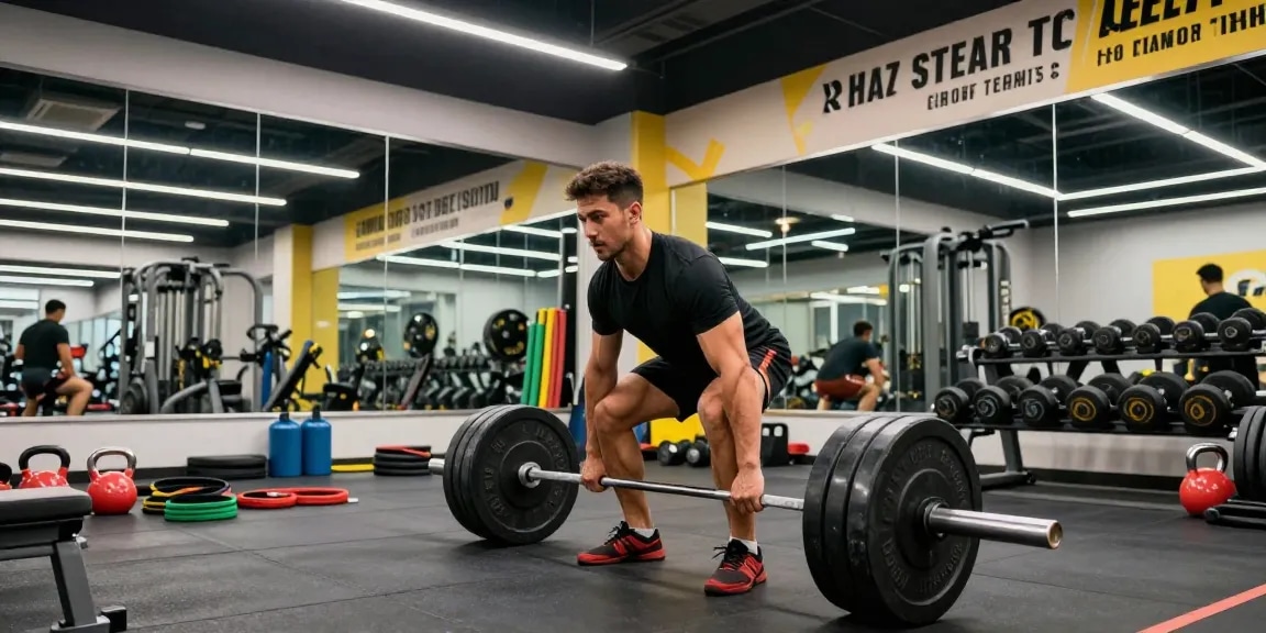 Der Anabolika Shop Deutschland zeigt einen Bodybuilder, der Kreuzheben in einem modernen Fitnessstudio mit Ausrüstung und motivierender Atmosphäre durchführt.