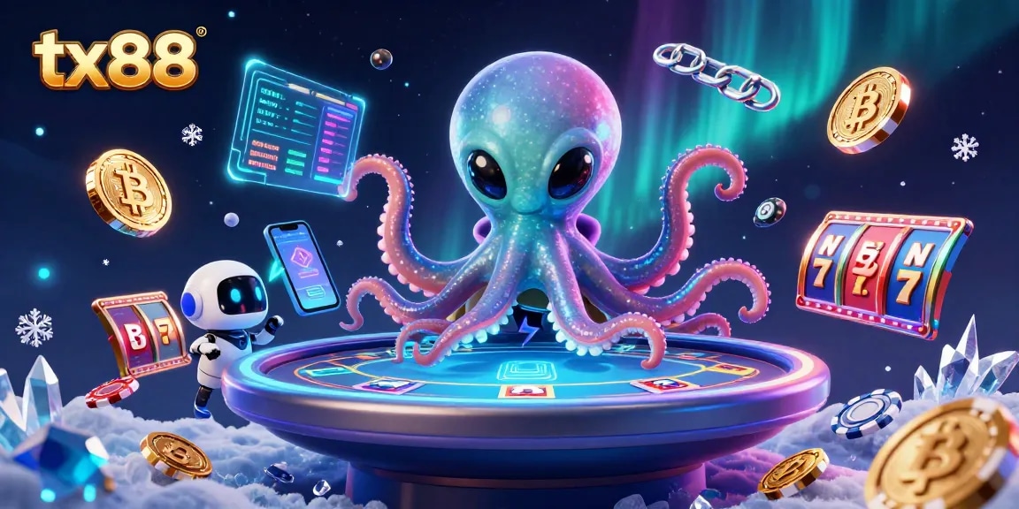 tx88 showcases a vibrant alien octopus at a holographic poker table, surrounded by dynamic casino elements