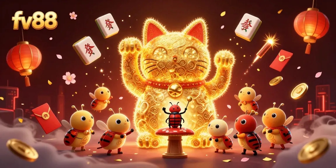 Experience fv88's thrilling world through a lively giant lucky cat casino scene filled with symbols and games.