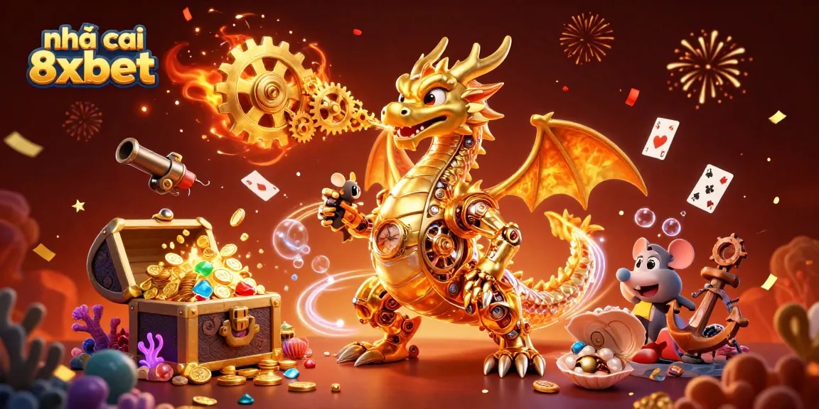 Engage with the vibrant scene featuring nhà cái 8xbet amidst golden treasures and festive elements.