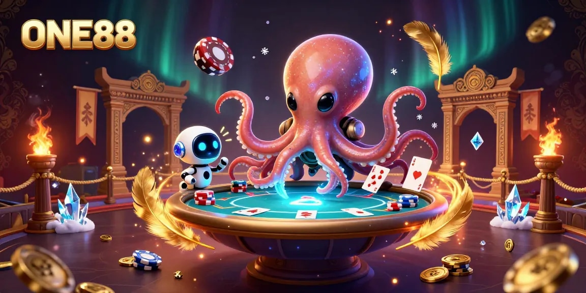 ONE88: Engage in thrilling poker action with a cosmic twist featuring an alien octopus and a robot companion.