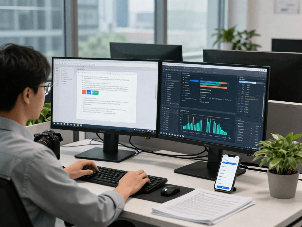 Advanced document fraud detection analysis in a high-tech office setting with focused analyst using sophisticated software.