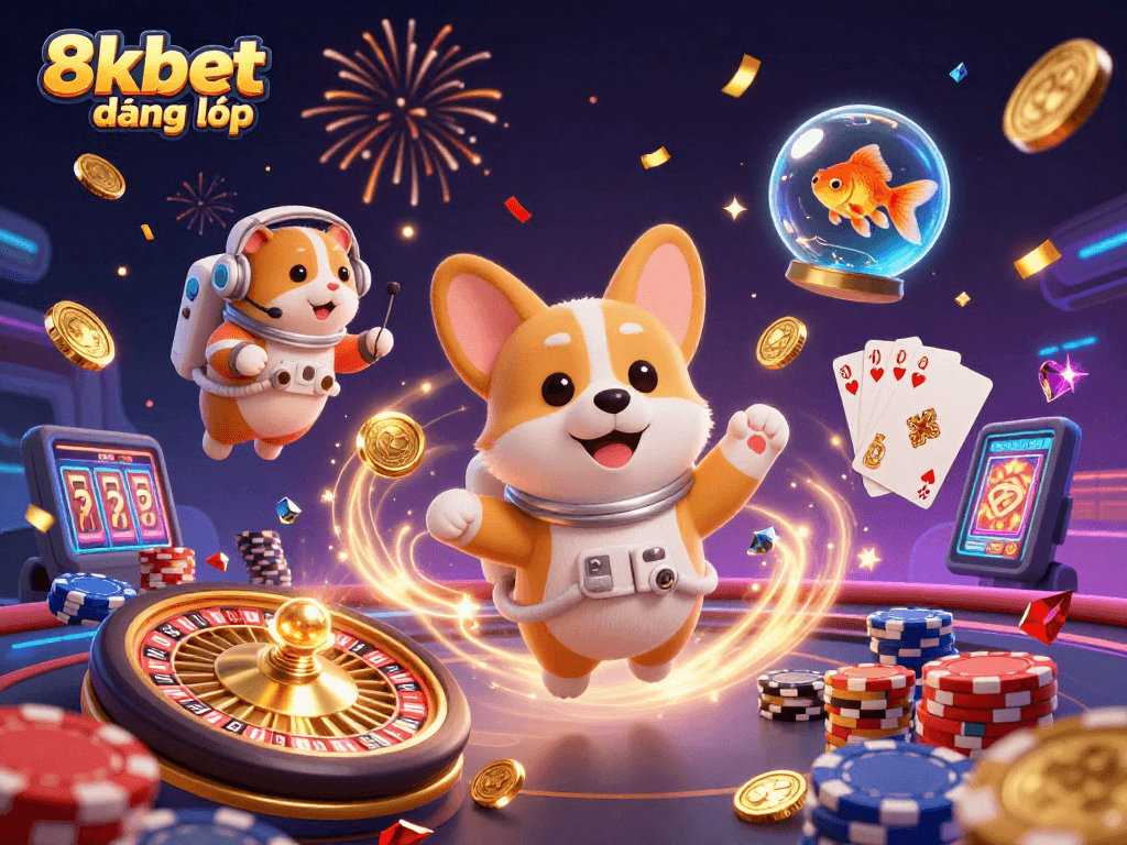 Engage in exhilarating gaming at 8xbet đăng nhập, where an astronaut corgi navigates a casino filled with treasures.