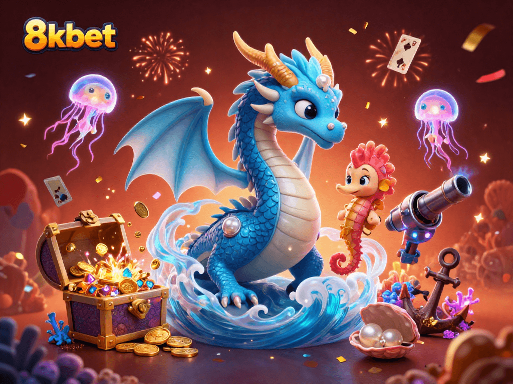 Join the thrill of 8xbet as the vibrant ocean dragon and knight celebrate winning treasures in a dazzling environment.