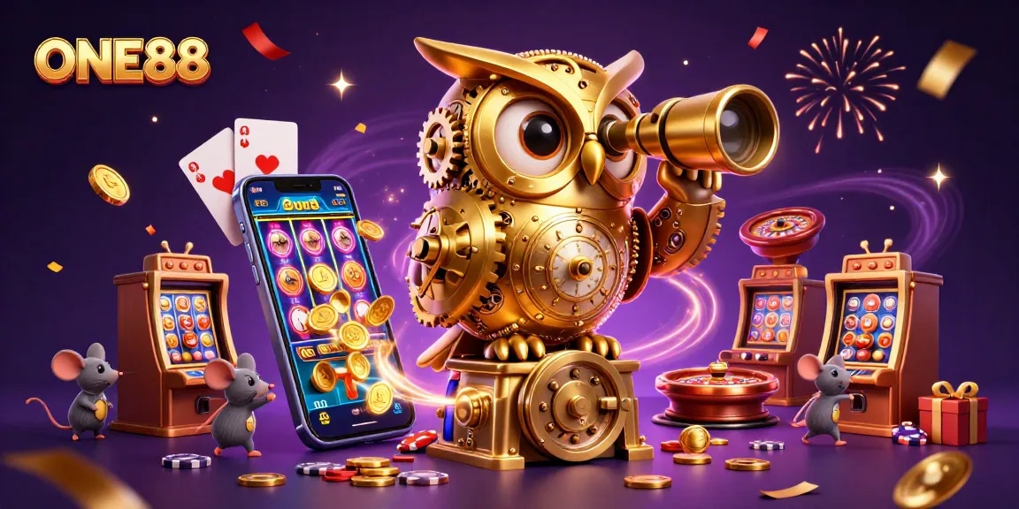 Immerse in the excitement at ONE88 with a magical owl and charming mouse patrons enjoying vibrant slot games.