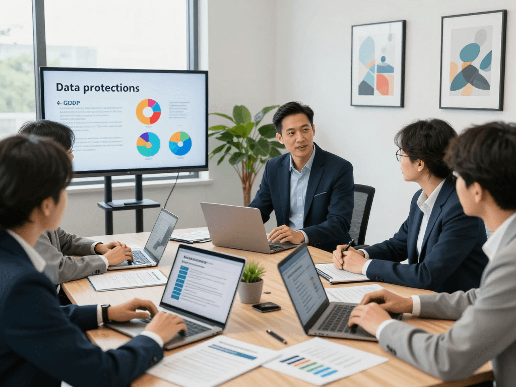 Beratungsszene über Datenschutz auf der Startseite mit Experten und Kunden in einem modernen Konferenzraum.