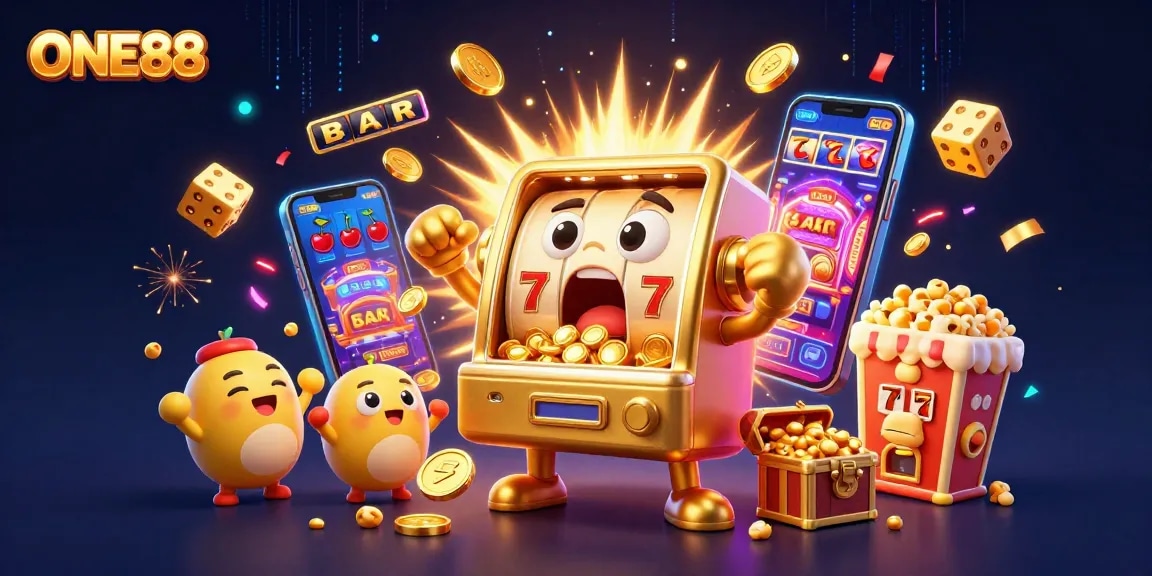 Experience thrilling wins at ONE88 with animated slot machines and vibrant casino elements.