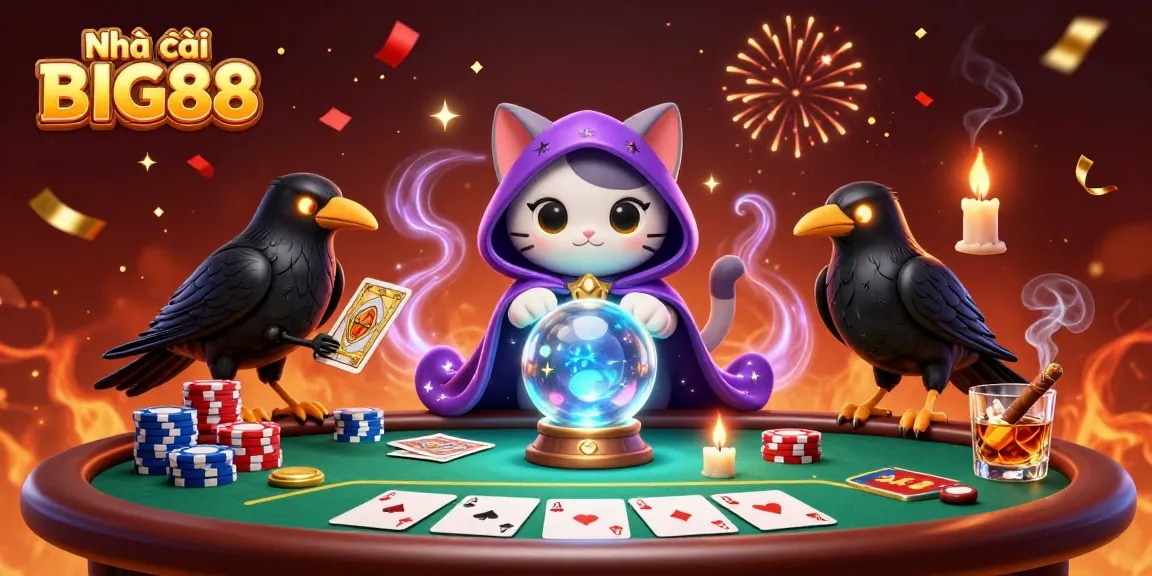 Experience the thrill of betting at Nhà cái BIG88 with vibrant casino elements and mystical characters.
