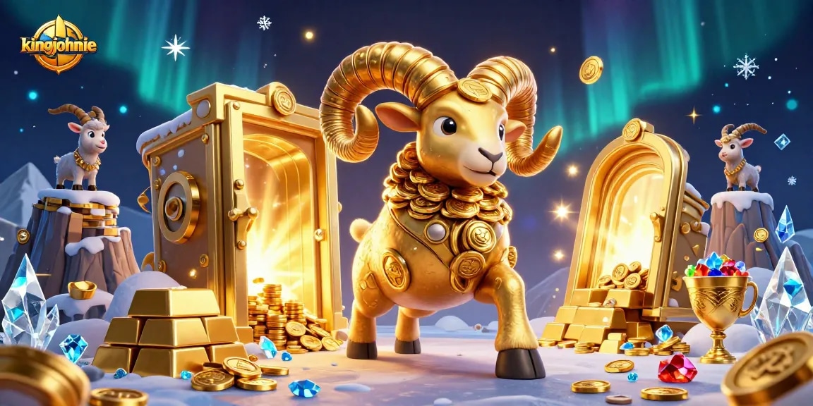 kingjohnnie's golden ram charges through a treasure vault filled with gems and coins, embodying excitement.
