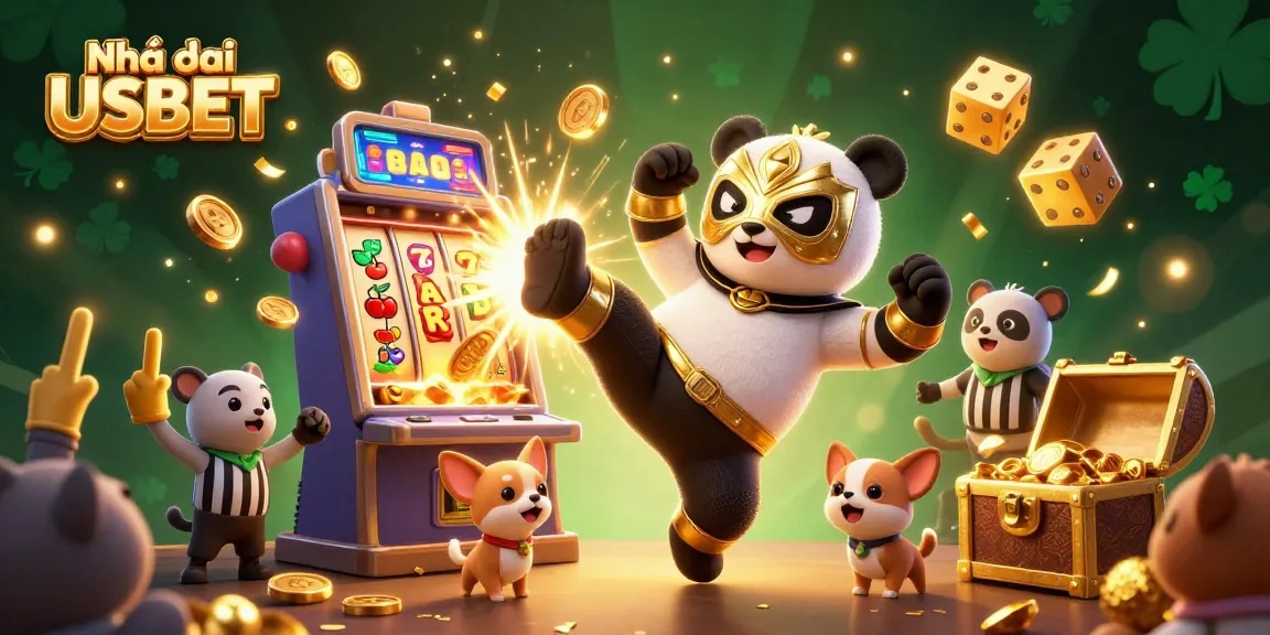 Engage with Nhà cái USBET's thrilling casino scene featuring a panda wrestler's epic kick amidst jackpot delights.