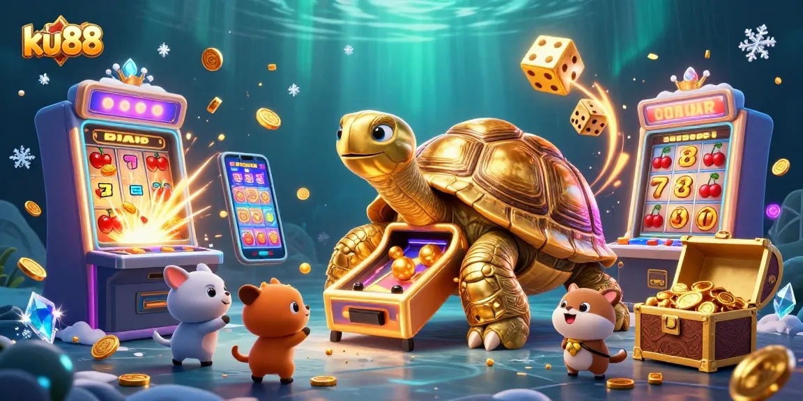 Engage with ku88 casino excitement in a vibrant, dynamic game-filled scene featuring a golden tortoise.