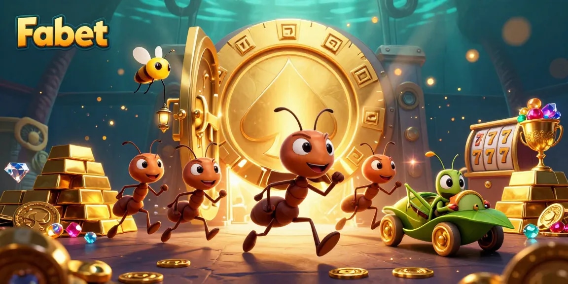 Fabet's animated ants execute a heist with giant poker chips amidst dazzling casino treasures.