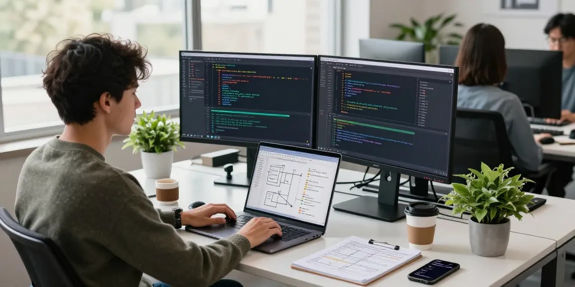 Developer focused on building internal tools with AI in a modern office environment.
