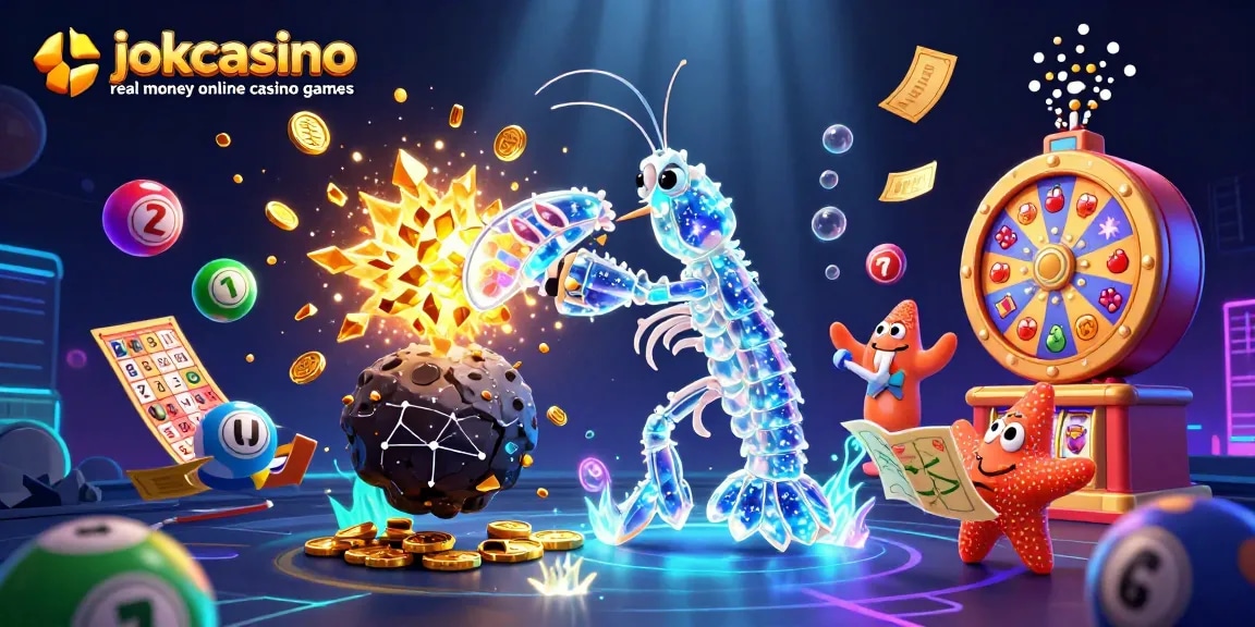 Experience jokacasino real money online casino games with vibrant slot reels and dynamic lottery elements in this thrilling illustration.