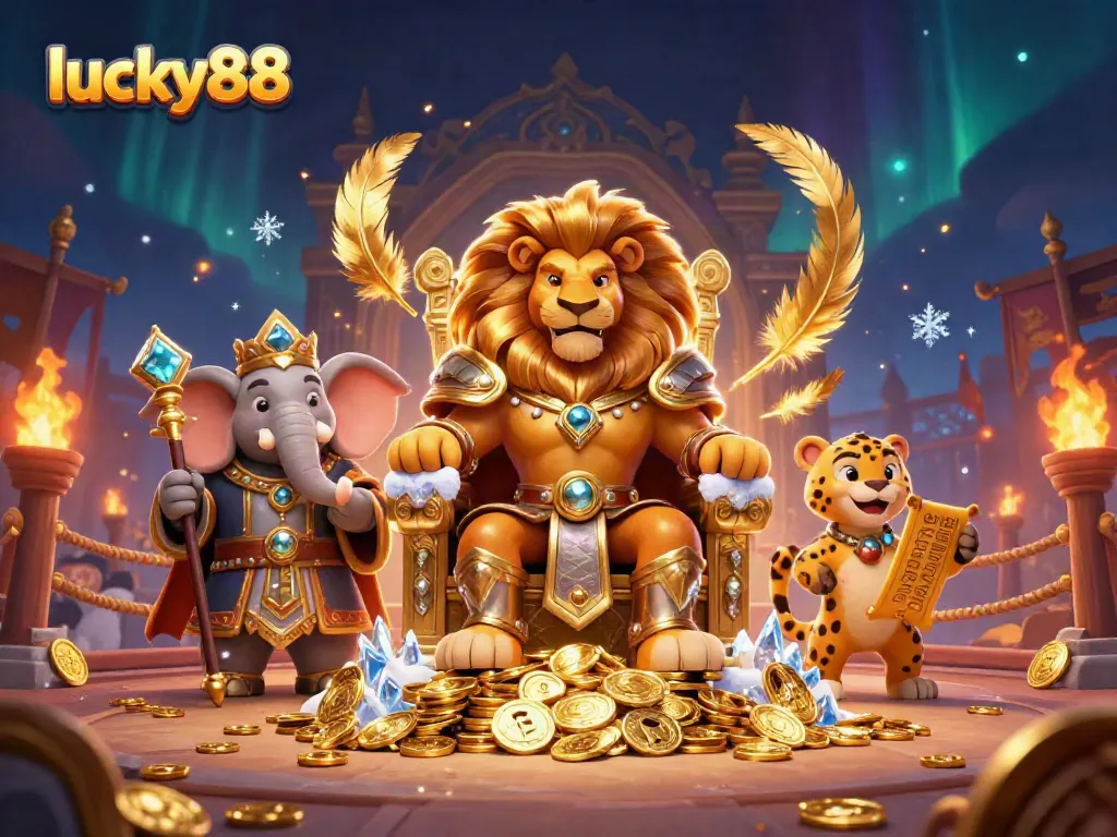 Experience lucky88 with the fierce lion king in a dynamic casino scene full of treasures and excitement.