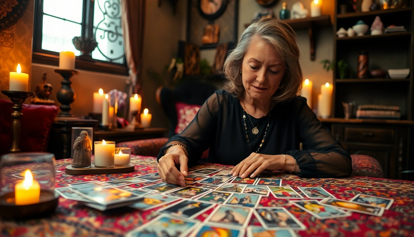 Erfahrene Tarotkartenleserin erklärt die tarotkarten bedeutung in einer gemütlichen Umgebung.