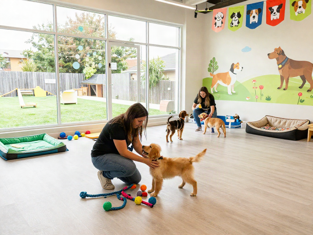 Playful puppies at a dog daycare engaging with staff, focusing on deposit 10k investment potential in pet care