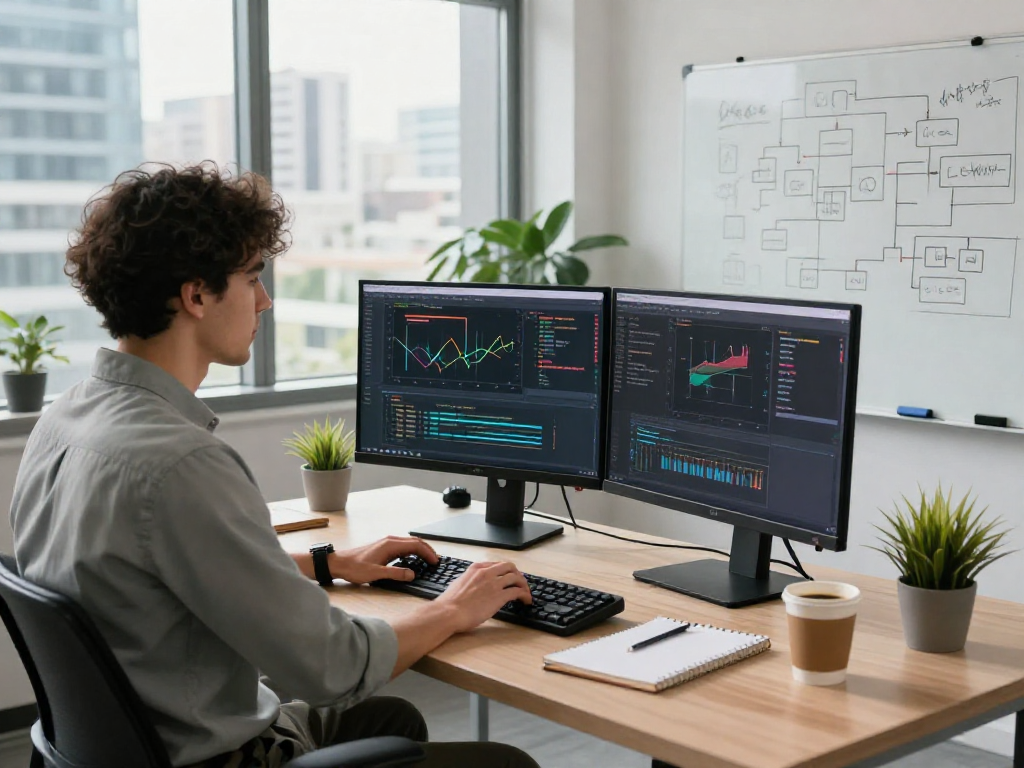 Developer coding in a modern workspace showcasing debet software solutions with dual monitors and vibrant tech elements.