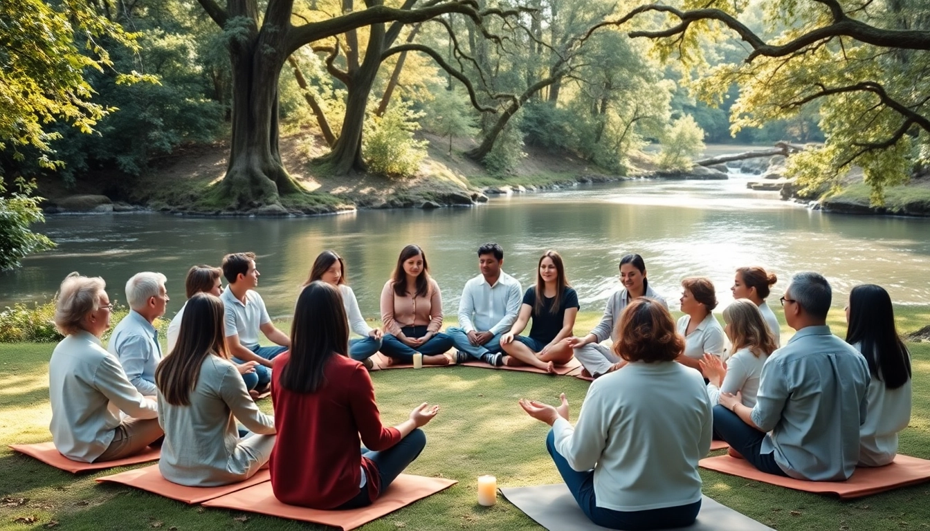 Spirituelle Seminare mit einer Gruppe von Menschen in harmonischer Umgebung