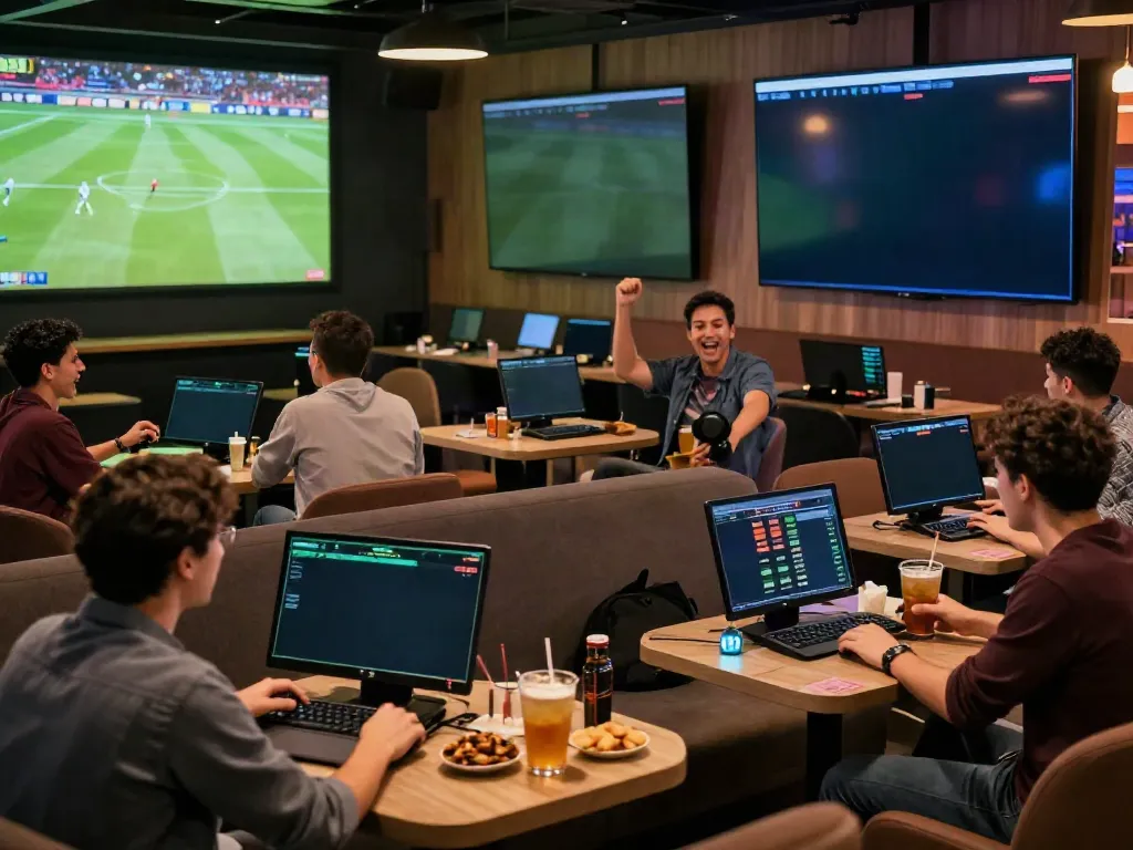 Exciting gaming lounge scene with friends enjoying Alternatif Bola88 betting experience.