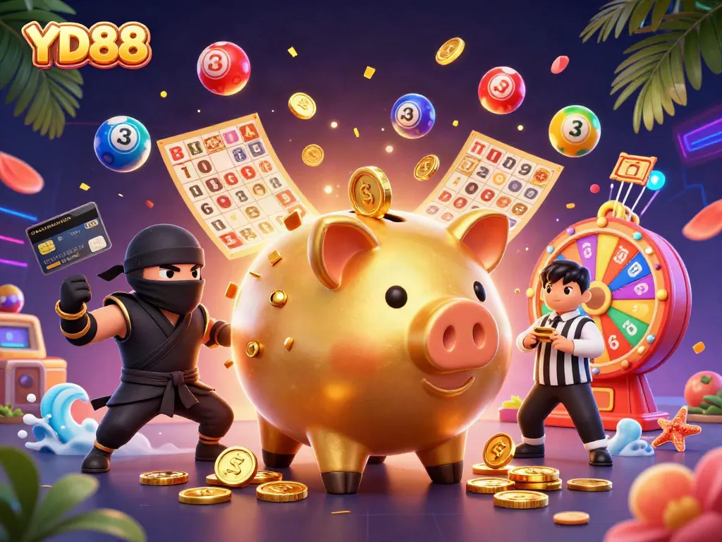 Bet on YD88 with vibrant casino graphics featuring a golden piggy bank, ninja, and samurai.