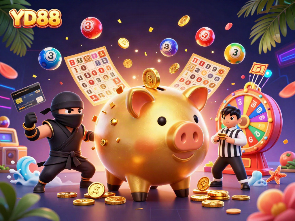 Bet on YD88 with vibrant casino graphics featuring a golden piggy bank, ninja, and samurai.