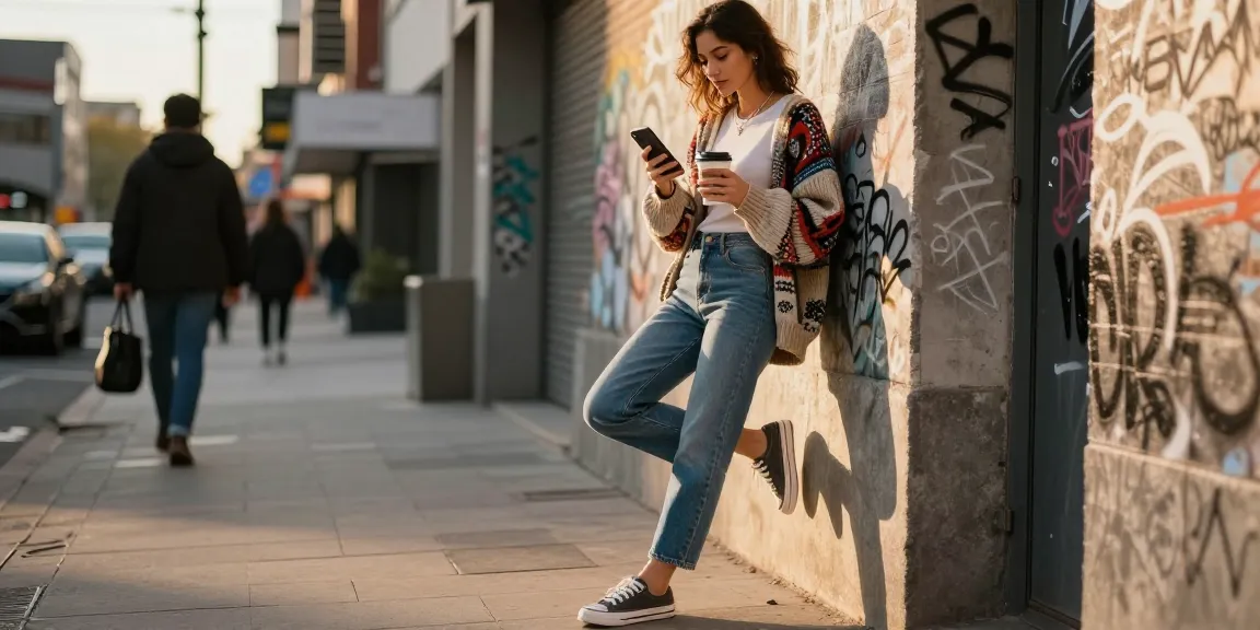 So stylen Sie diesen Opa Pulli modern mit Jeans und Sneakers in der Stadt.