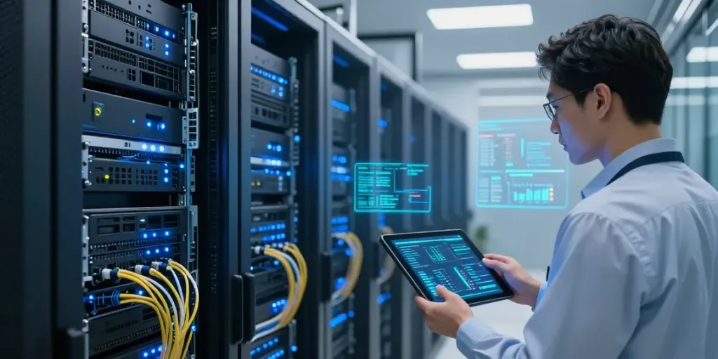 Server configuration review in a modern data center, showcasing cybersecurity, cloud solutions, and digital innovation.