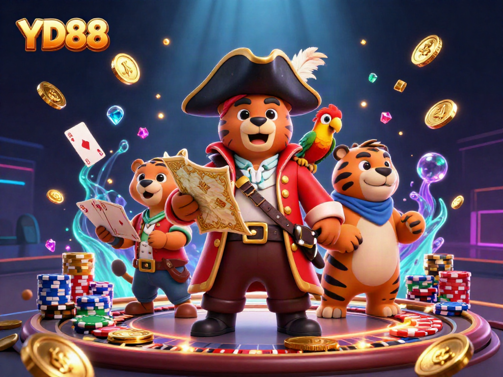 Experience YD88’s vibrant gaming adventure with pirate bear and fierce tiger amid dynamic casino elements.