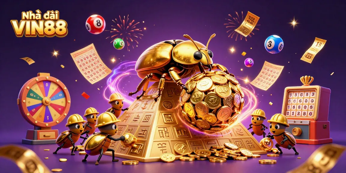 Engage with Nhà cái VIN88's vibrant lottery world featuring gold coins and festive elements.