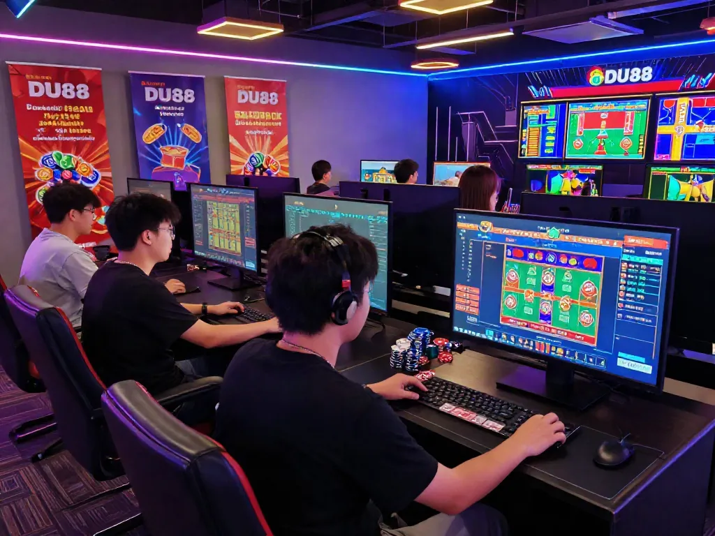 Engaged players enjoying online betting at DU88's vibrant gaming lounge.