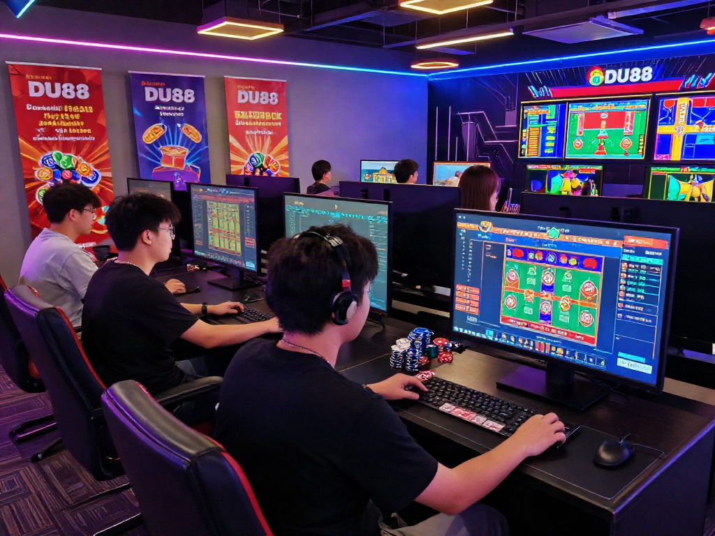 Engaged players enjoying online betting at DU88's vibrant gaming lounge.