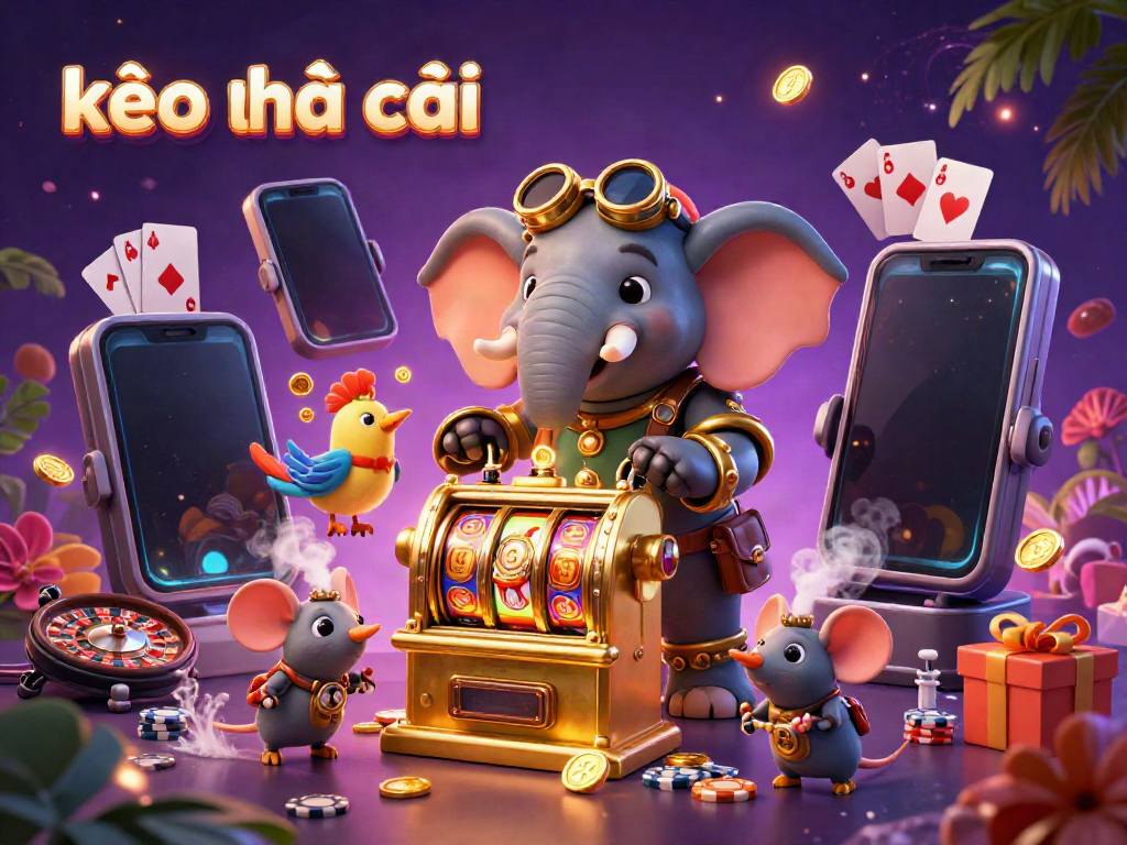 Experience thrilling moments with kèo nhà cái in this dynamic 3D casino scene featuring a steampunk elephant and vibrant gaming elements.