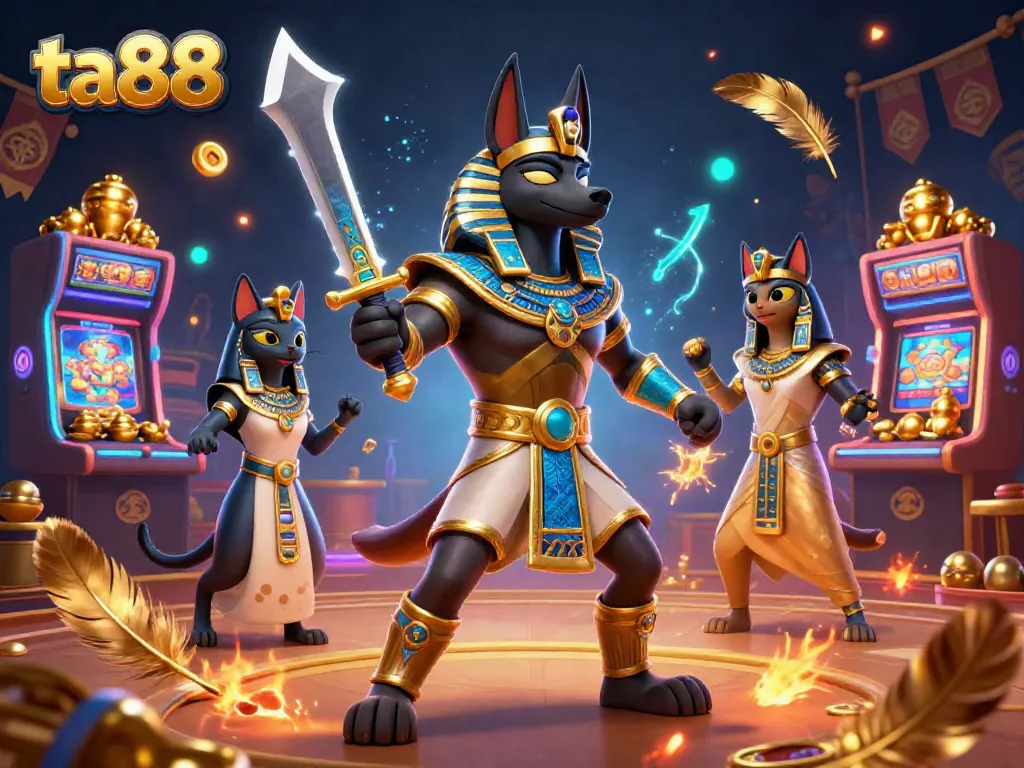 Courageously playing at TA88 casino, Anubis and Bastet engage in thrilling slot machine adventures.