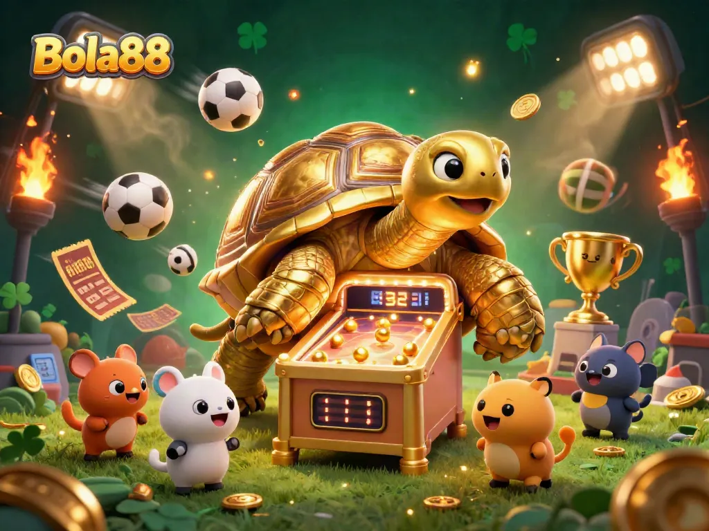 Bola88 brings excitement to the game with a thrilling 3D sports betting scene featuring a golden tortoise and vibrant sports elements.